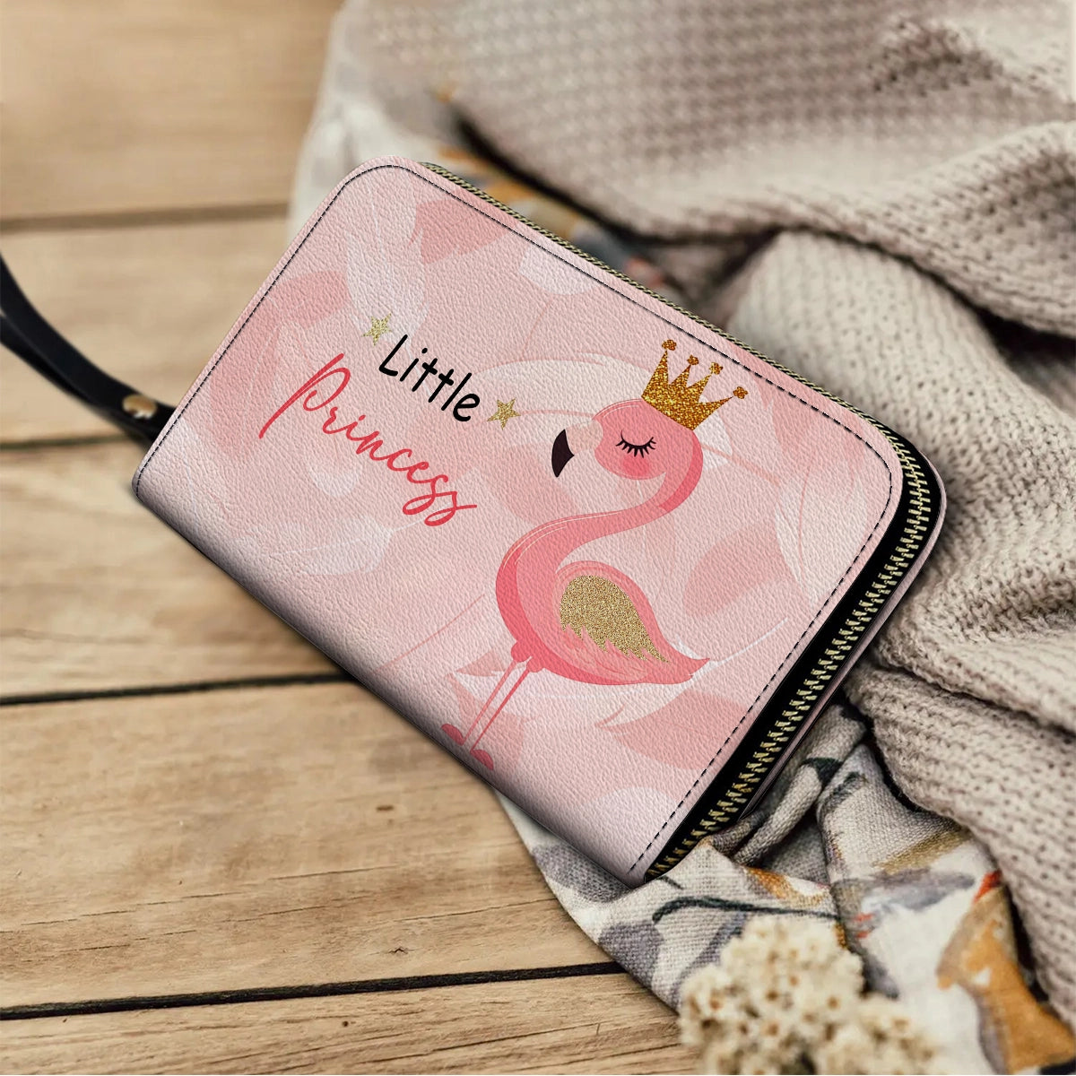 Shineful Leather Clutch Purse With Wristlet Strap Handle Little Princess Flamingo