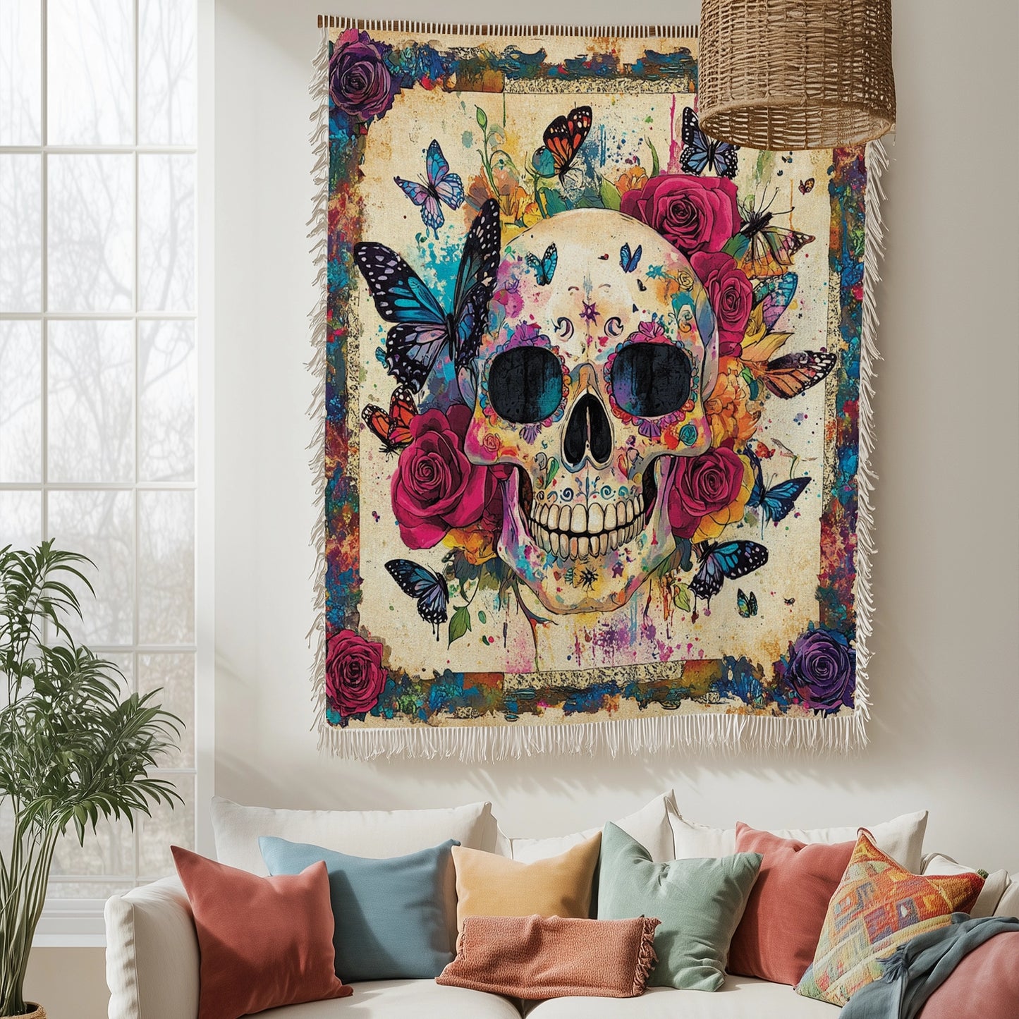 Shineful Woven Tapestry Throw Blanket Butterfly Skull