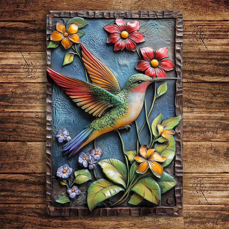 Shineful 2D Metal Sign Colorful Floral Hummingbird