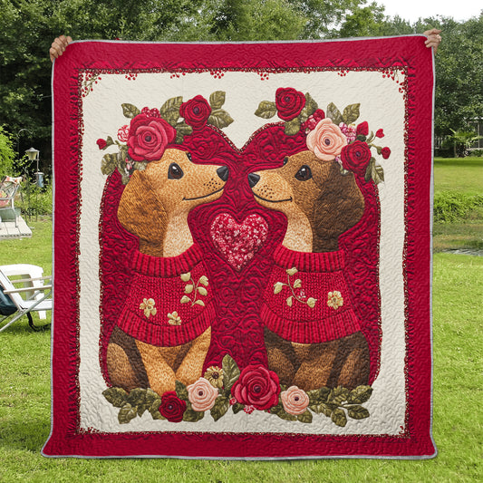 Shineful Flat Print Faux Quilt Blanket - Heart Floral Dachshund Couple