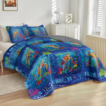 Shineful All Season Quilt 3-Piece Set - Sea Turtle With Lively Ocean Life