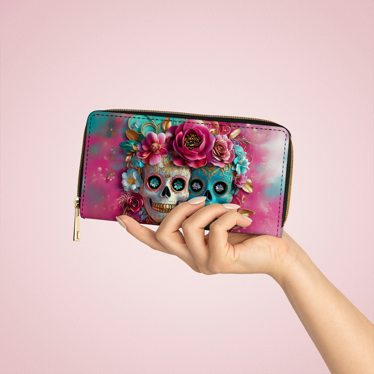 Shineful Leather Clutch Purse With Wristlet Strap Handle Sugar Skull Love