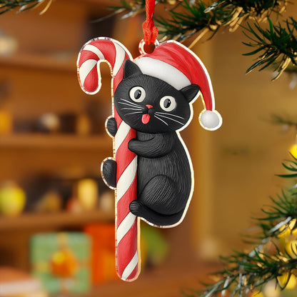 Glänzendes 2D-Ornament aus Acryl – schwarze Katze mit Zuckerstange