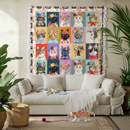 Shineful Woven Tapestry Throw Blanket - Floral Cat Fantasy