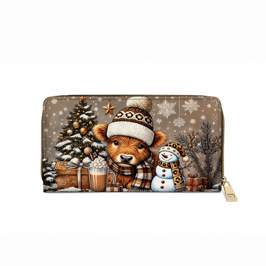 Shineful Leather Clutch Purse With Wristlet Strap Handle Cozy Cow Winter Wonderland Edition