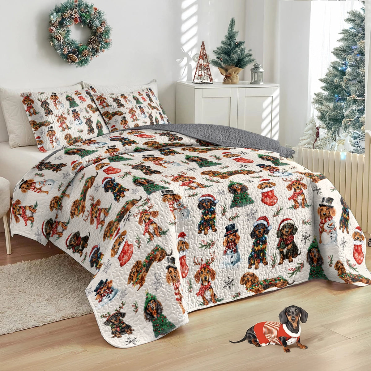 Shineful All Season Quilt 3-Piece Set - Dachshund Holiday Cheer