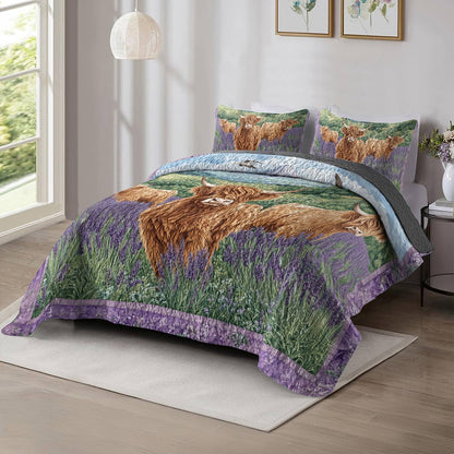 Shineful All Season Quilt 3-Piece Set - Highland Cows In Lavender Field