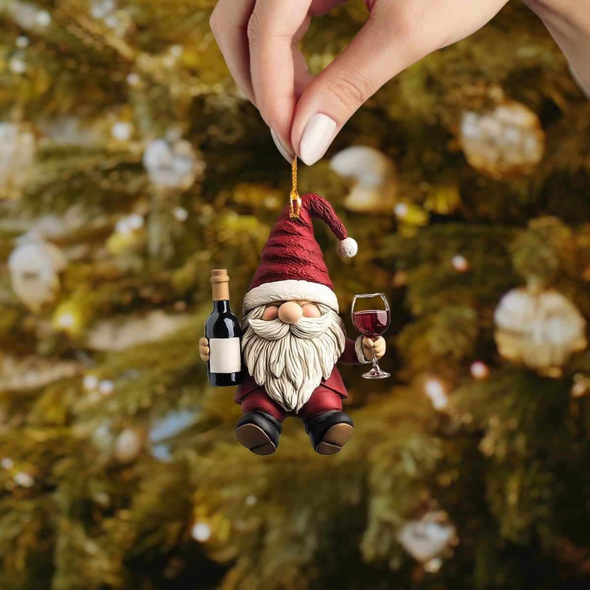 Glänzendes Acryl-Ornament „Holiday Cheer“ – Gnome, Weinrot 