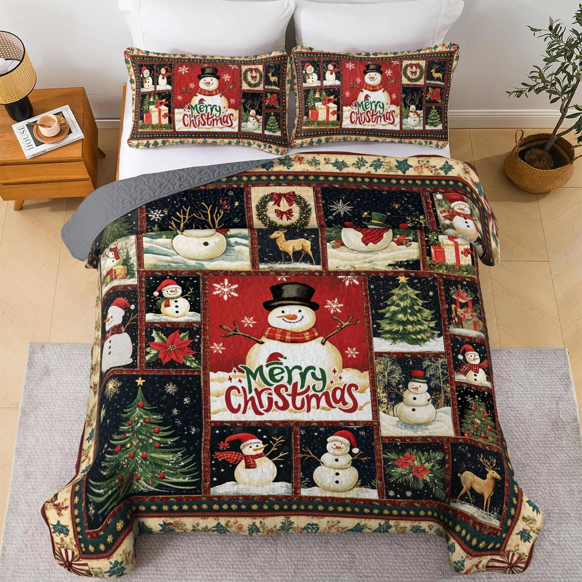 Shineful All Season Quilt 3-Piece Set Merry Snowman Christmas