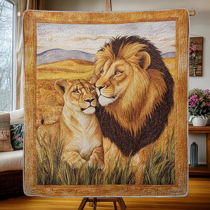 Shineful Flat Print Faux Quilt Blanket - Regal Lions in the Heart of the Golden Savannah