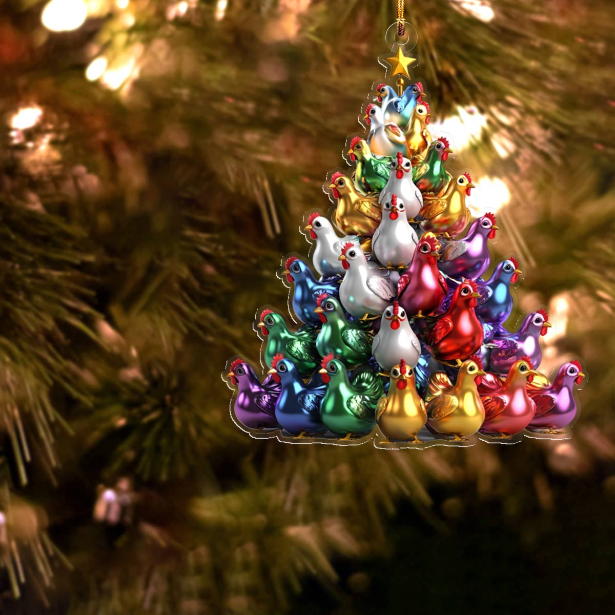 Glänzendes 2D Acryl Ornament Bunte Hühner Weihnachtsbaum