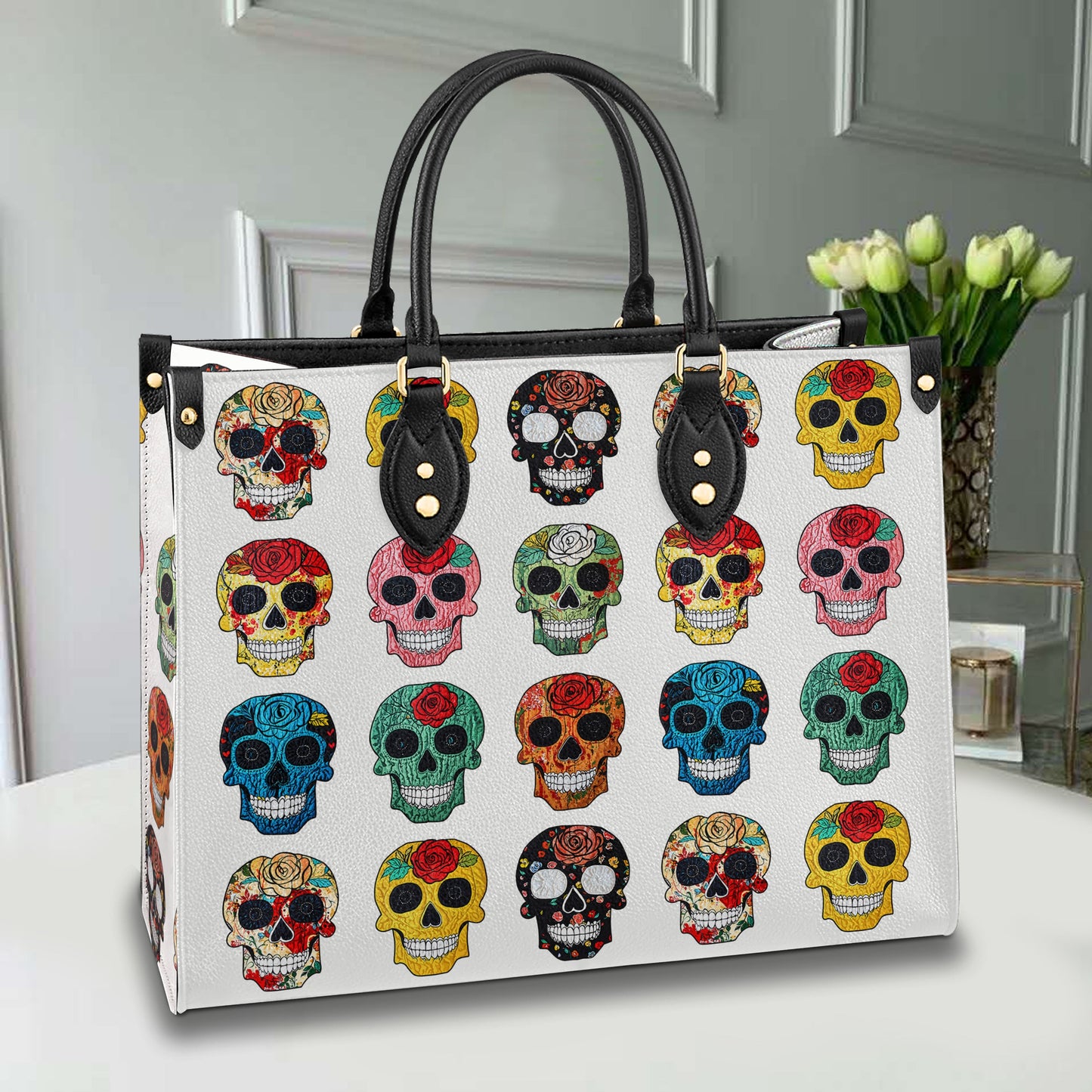 Shineful Leather Bag Colorful Sugar Skull Roses