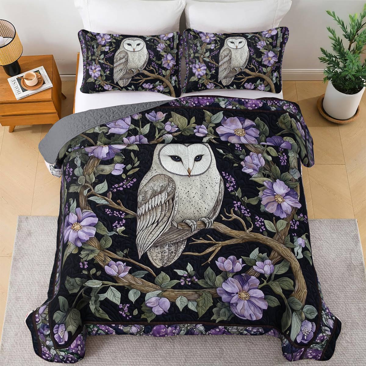 Ensemble de courtepointe toutes saisons Shineful 3 pièces - Twilight Bloom Owl