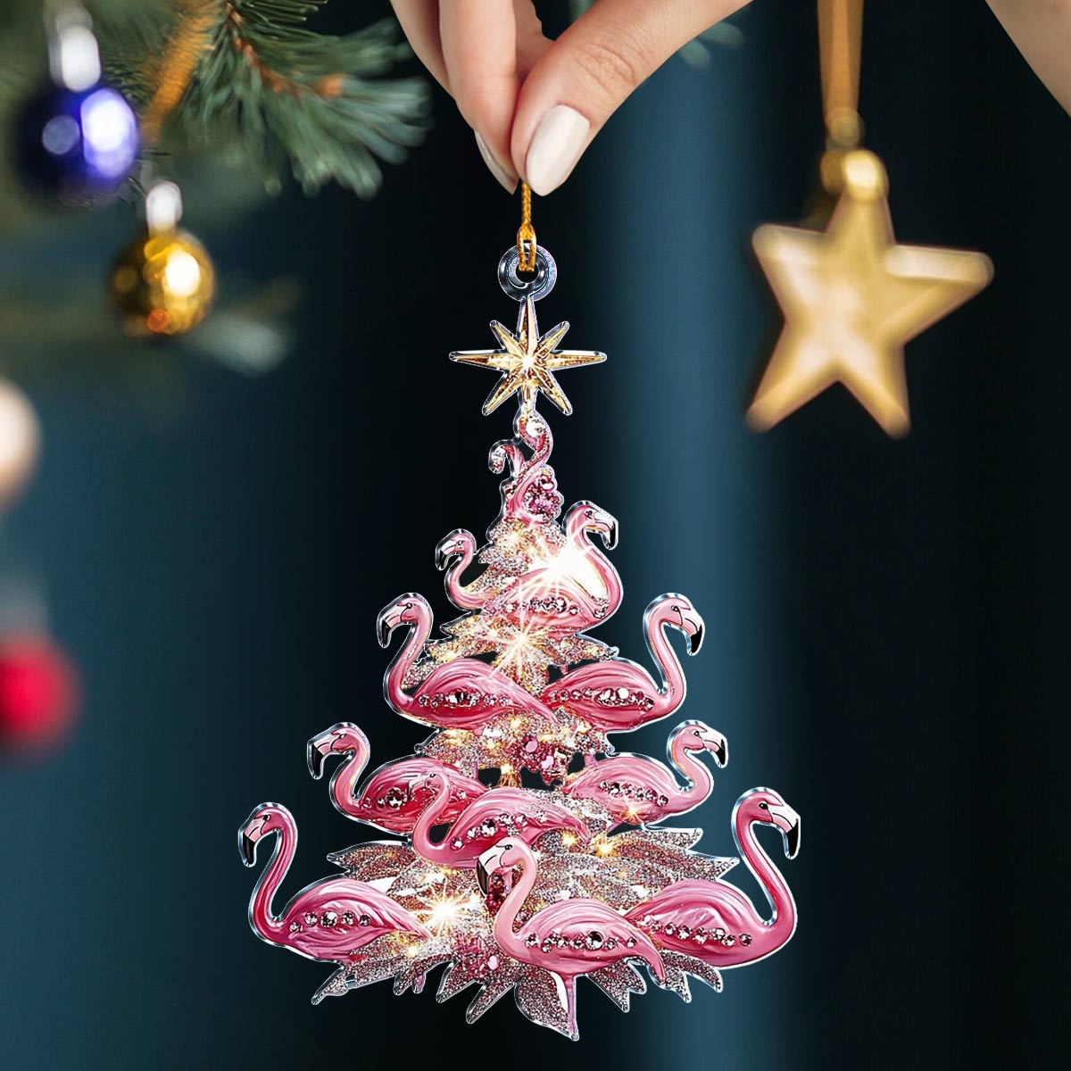 Shineful 2D Acrylic Ornament Pink Flamingo Christmas Tree