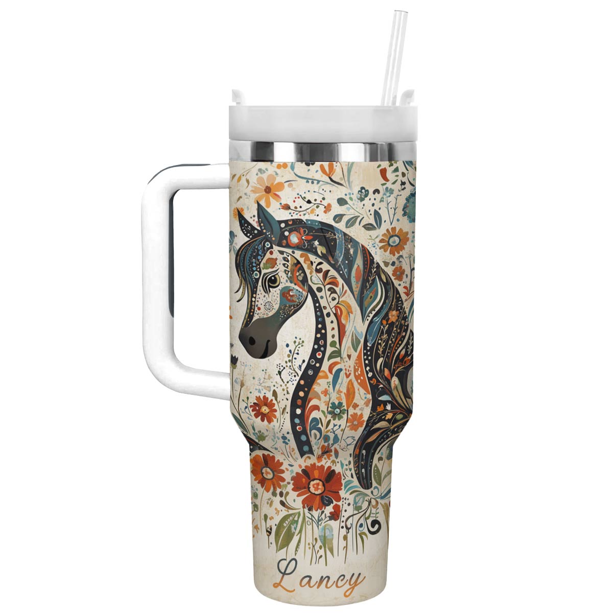 Glänzender Becher mit Blumenmotiv, Spirit Horse