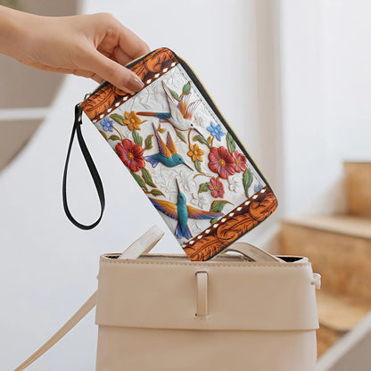 Shineful Leather Clutch Purse With Wristlet Strap Handle Hummingbird Blossom Flight