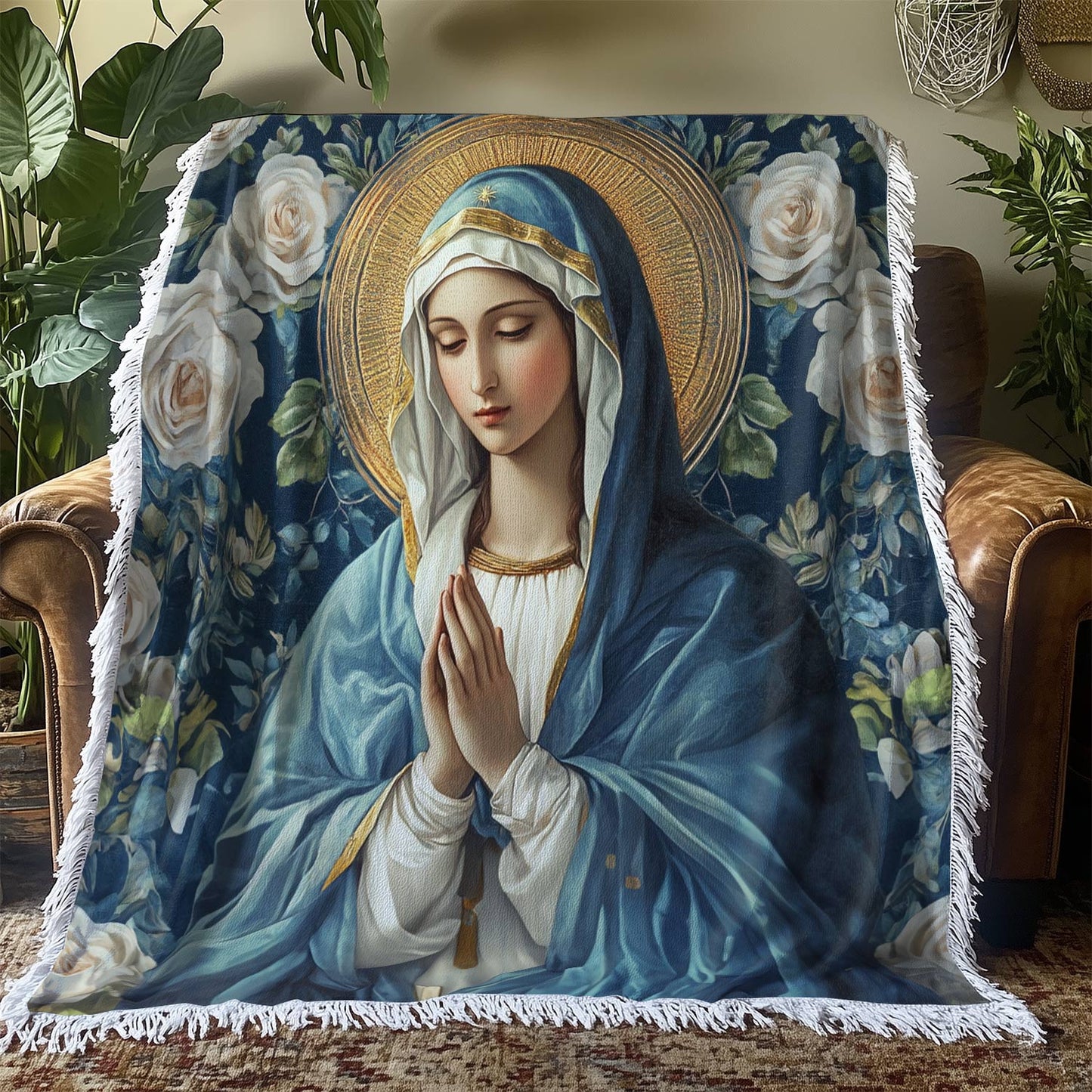 Shineful Woven Tapestry Throw Blanket Virgin Mary Floral Devotion