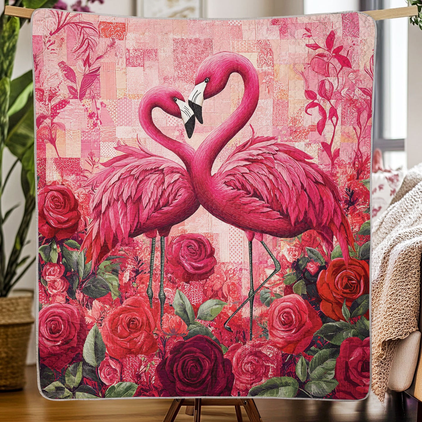 Shineful Flat Print Faux Quilt Blanket Romantic Flamingo