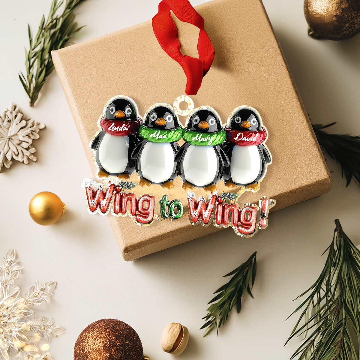 Shineful Personalized 2D Acrylic Ornament Festive Penguigns Family Of 4