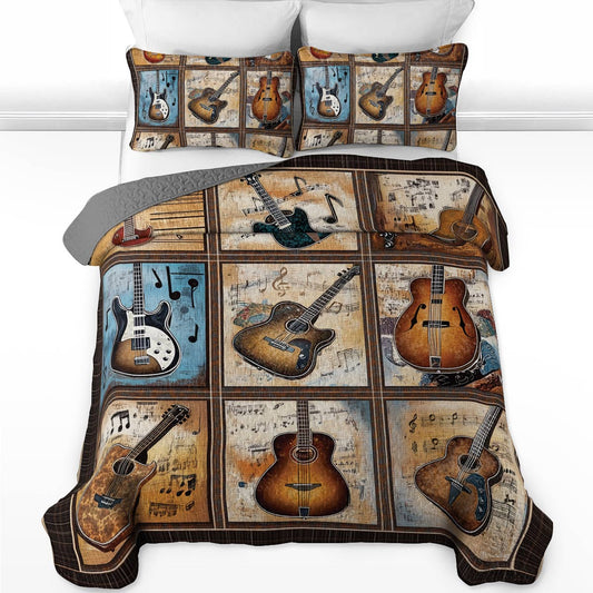 Ensemble de courtepointe toutes saisons Shineful 3 pièces - Patchwork de guitare rustique 