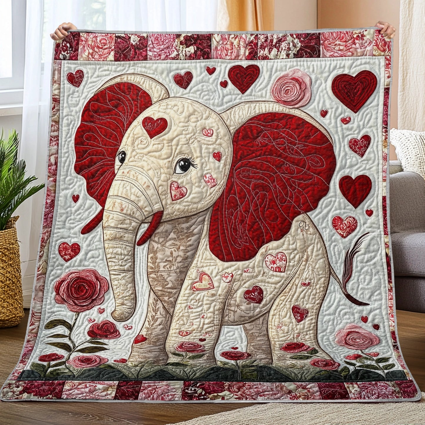 Shineful Flat Print Faux Quilt Blanket - Blissful Elephant of Love and Roses Quilt Artwork