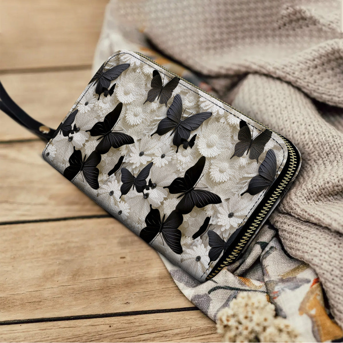 Shineful Leather Clutch Purse With Wristlet Strap Handle Black Butterfly