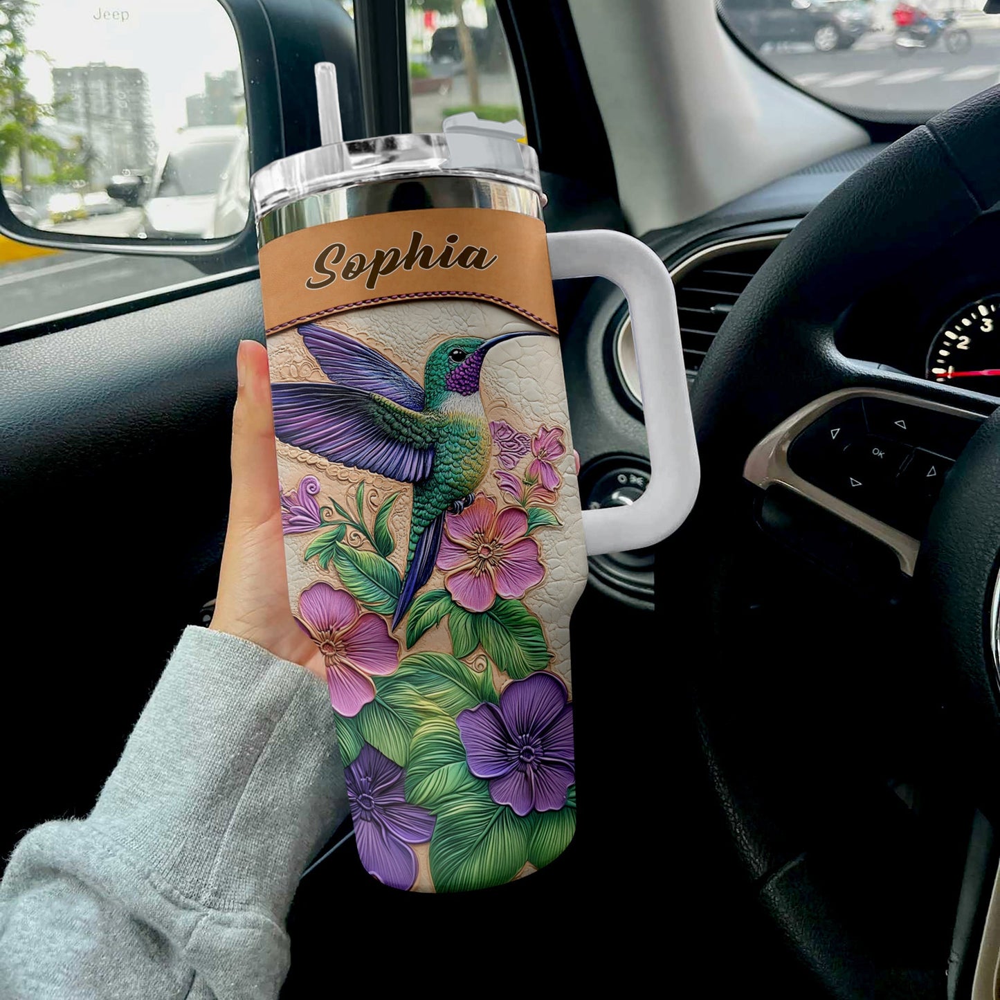 Shineful Personalized Tumbler Leather Floral Hummingbird