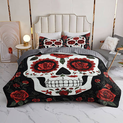 Shineful All Season Quilt 3-Piece Set - Roses & Skulls Elegance