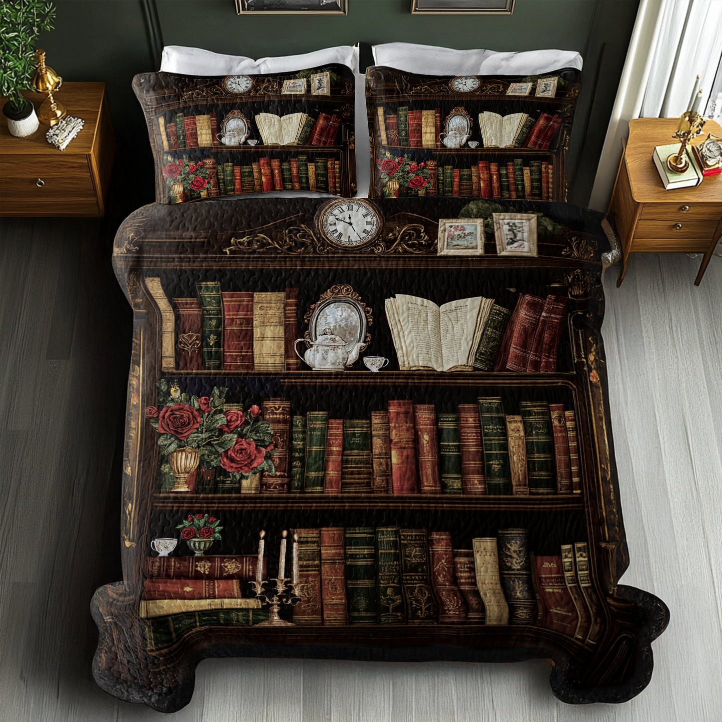 Shineful All Season Quilt 3-Piece Set Enchanted Vintage Bookshelf