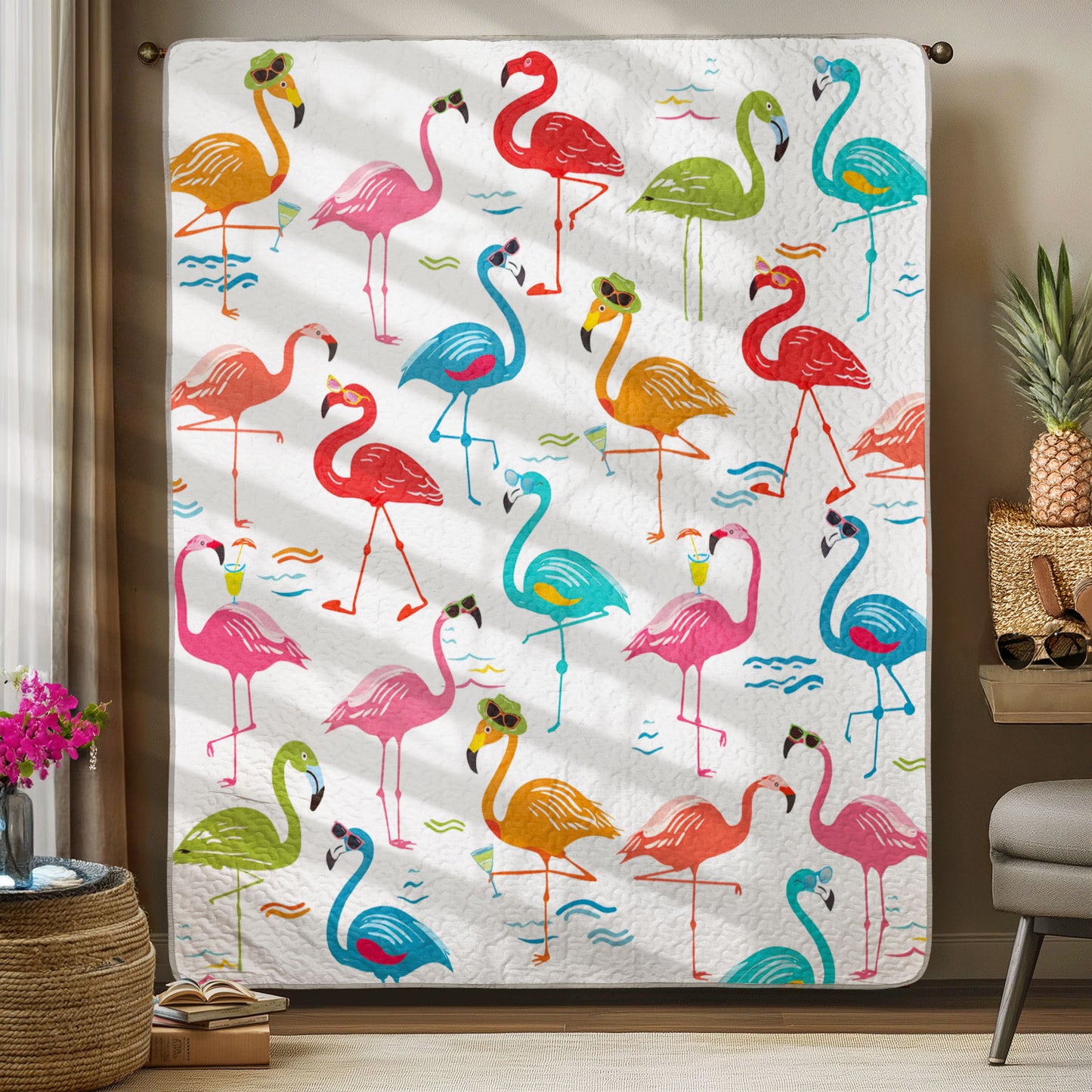 Couverture courtepointe en similicuir à imprimé plat brillant Motif flamant rose fantaisiste