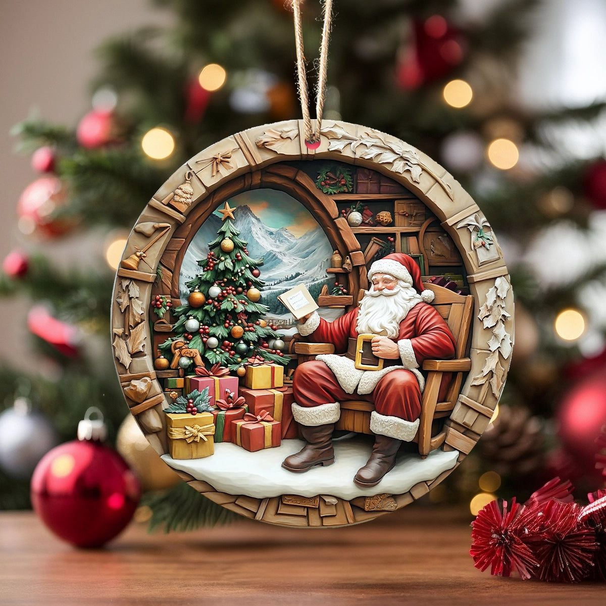 Shineful 2D Acrylic Ornament Cozy Cabin Santa