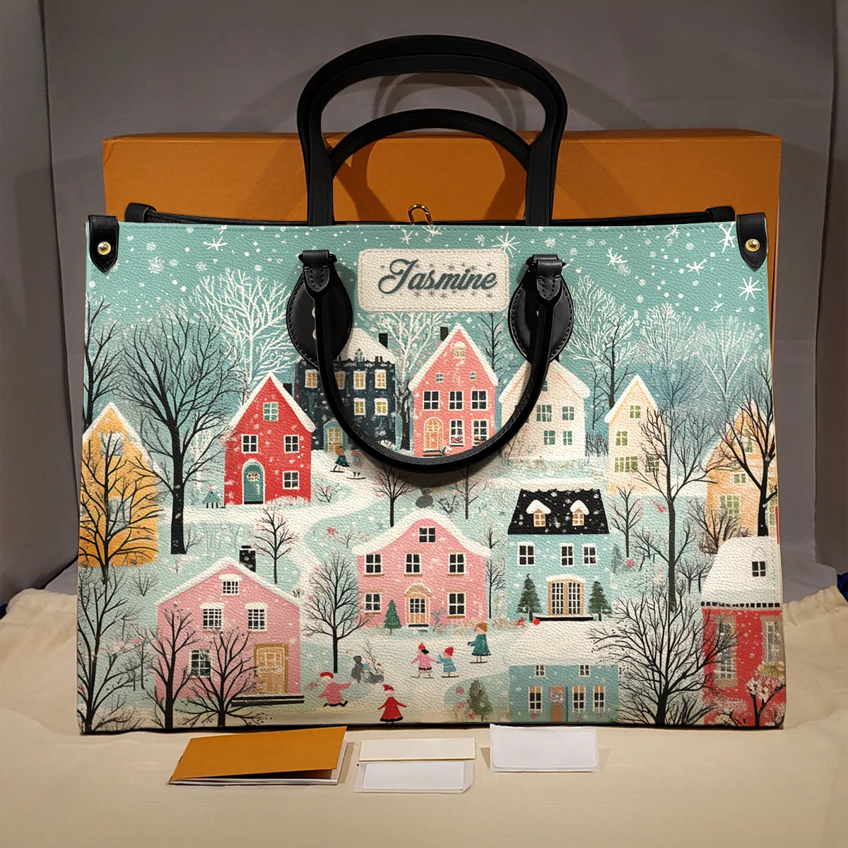 Glänzende Ledertasche Personalisiert Weihnachten Winter Wunderland