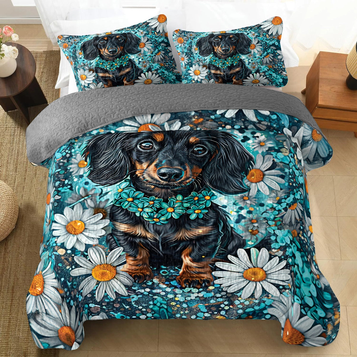 Ensemble de courtepointe toutes saisons Shineful 3 pièces - Dachshund Daisy