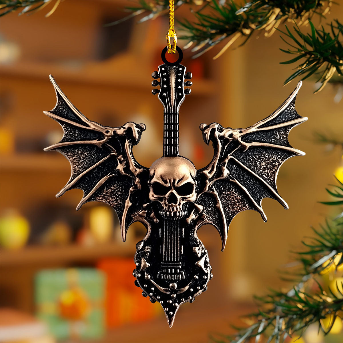 Glänzendes 2D-Ornament aus Acryl – geflügelte Totenkopfgitarre