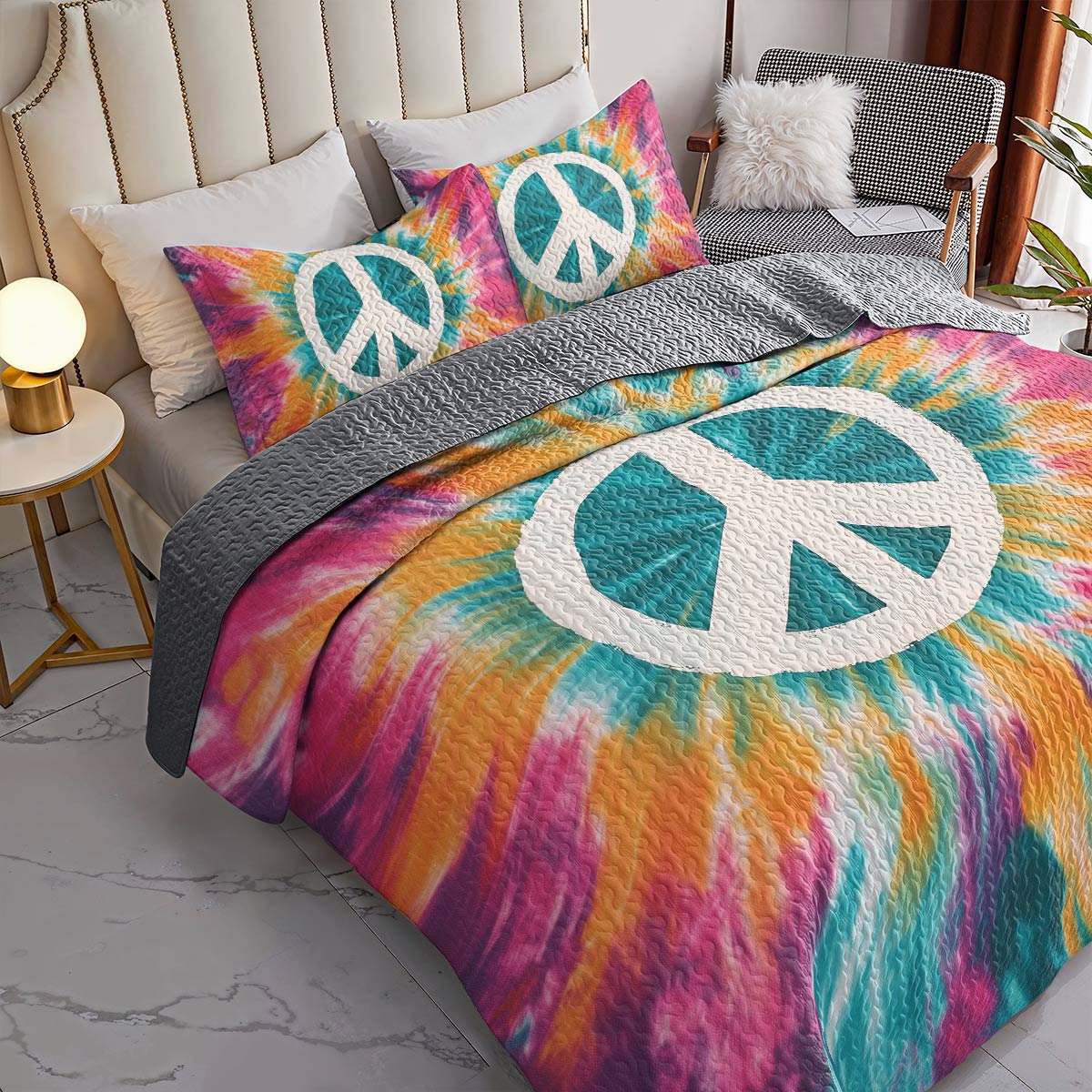 Shineful All Season Quilt 3-Piece Set - Peace Sign Tie-Dye