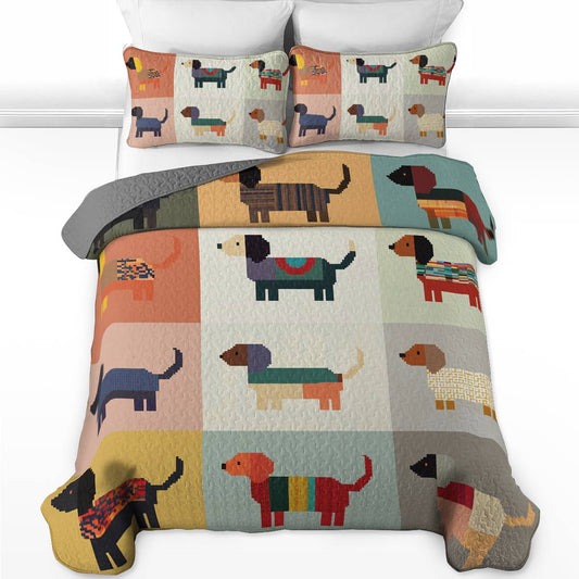 Ensemble de courtepointe toutes saisons Shineful 3 pièces - Dachshund Patchwork Paradise