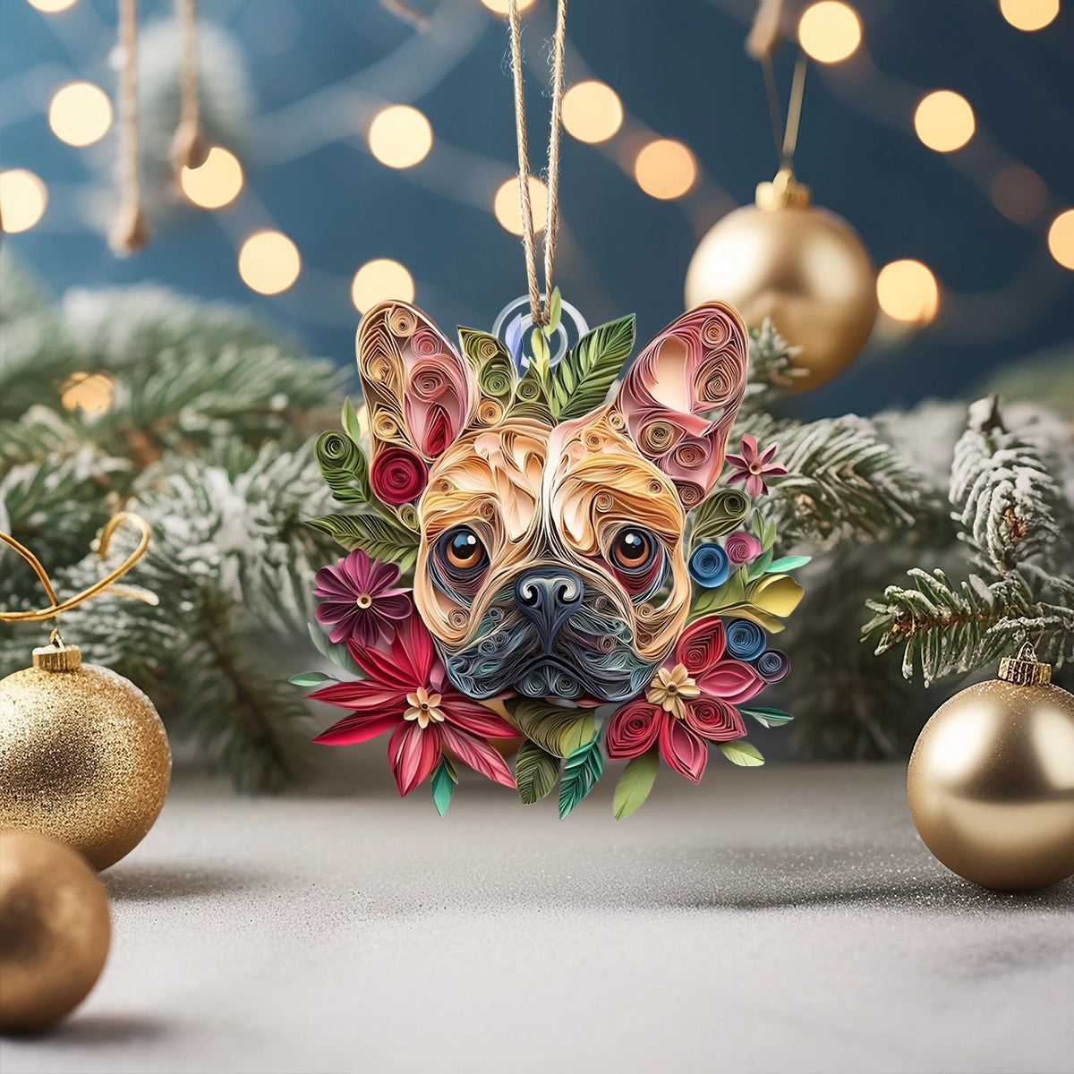 Shineful 2D Acrylic Ornament - Frenchie Floral Festive