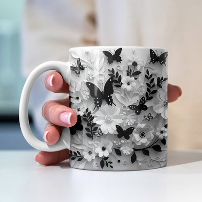 Shineful Ceramic Mug Monochrome Elegance: Floral Butterfly