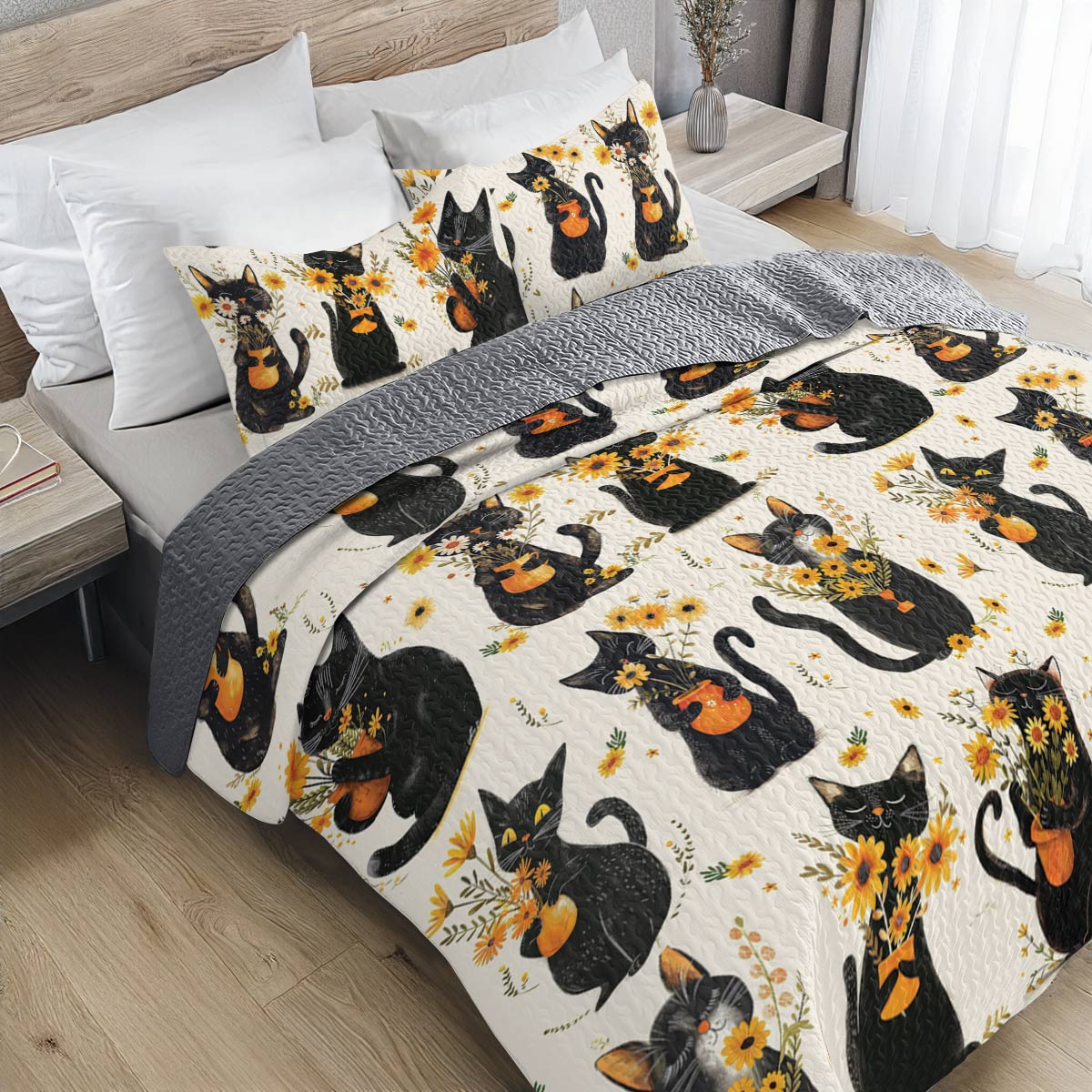 Shineful All Season Quilt 3-Piece Set Cat And Yellow Flower