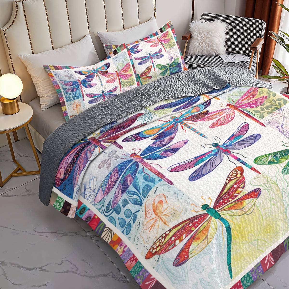 Shineful All Season Quilt 3-Piece Set Vibrant Dragonfly