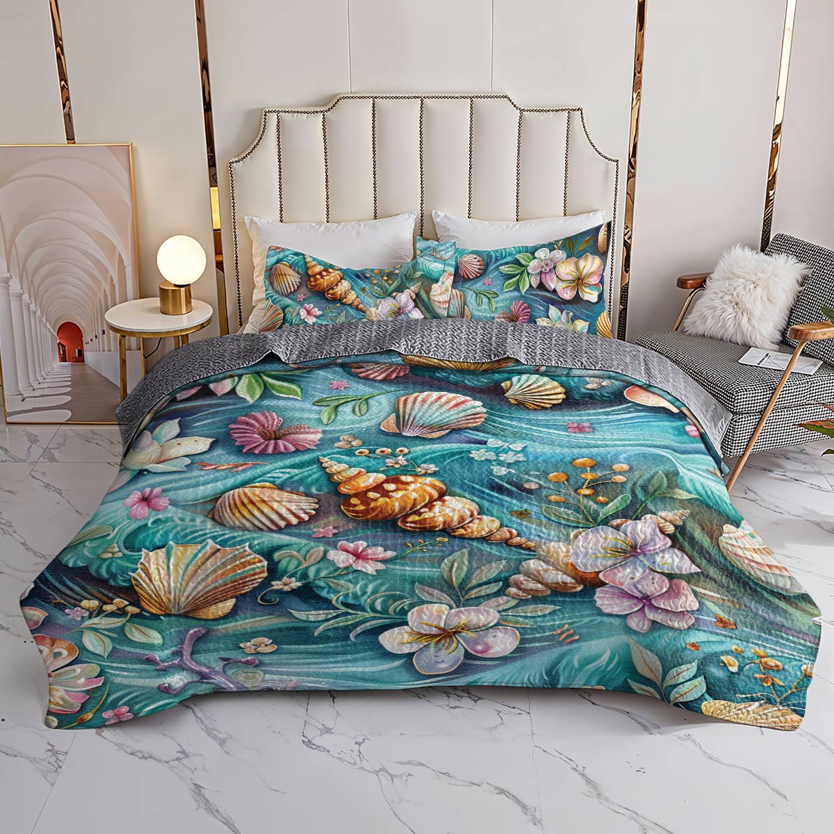 Shineful All Season Quilt 3-Piece Set SeaShell Flower