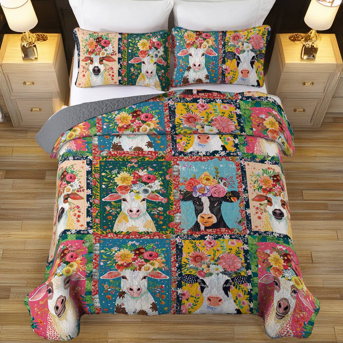 Shineful All Season Quilt 3-Piece Set Cows and Blooms