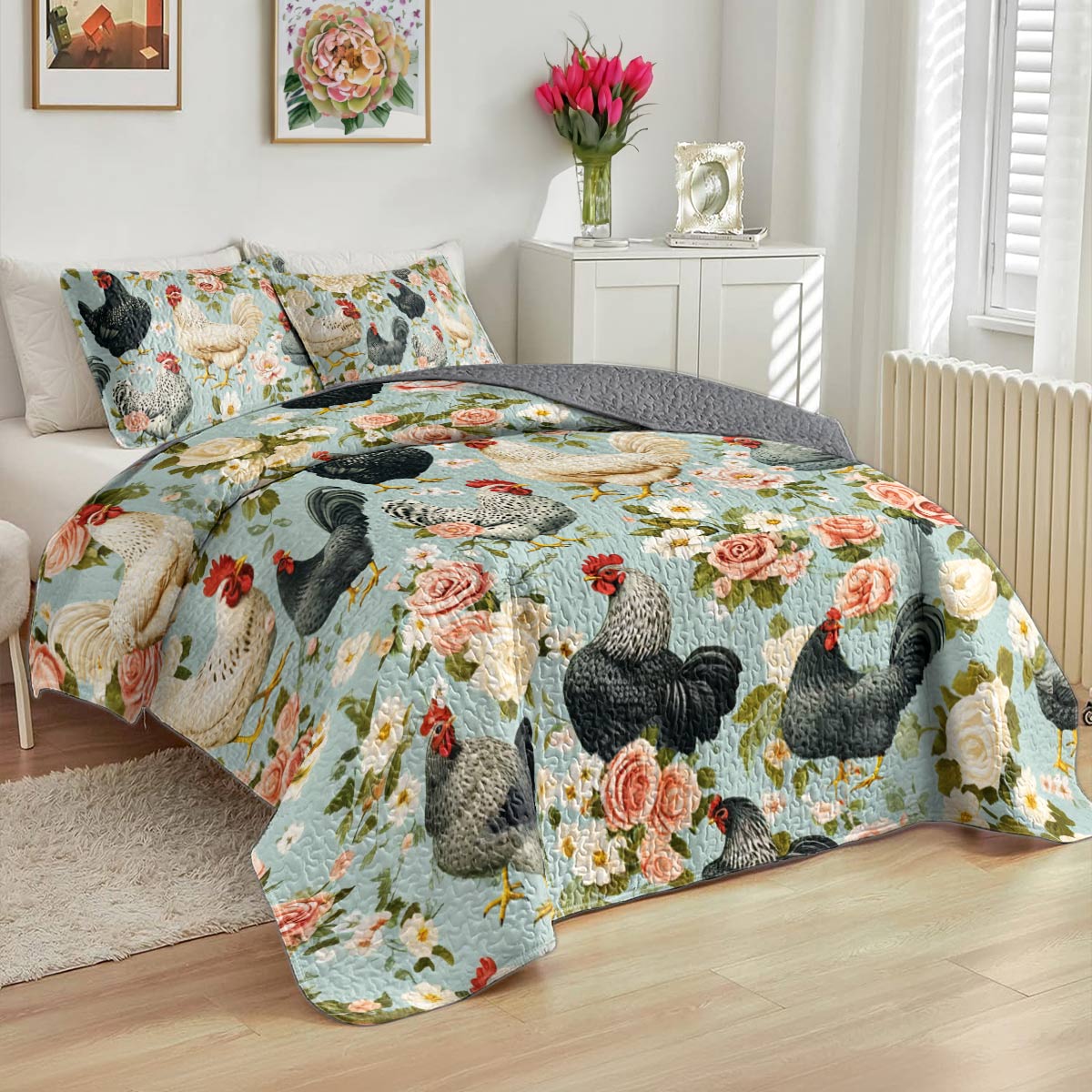 Shineful All Season Quilt 3-Piece Set Chicken Farmyard Bloom