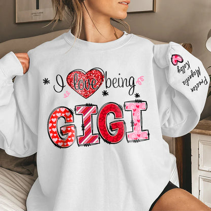 Shineful Fleece Crewneck Sweatshirt Personalized I Love Being Gigi Heart With Grandkids Names On Sleeve Sweatshirt