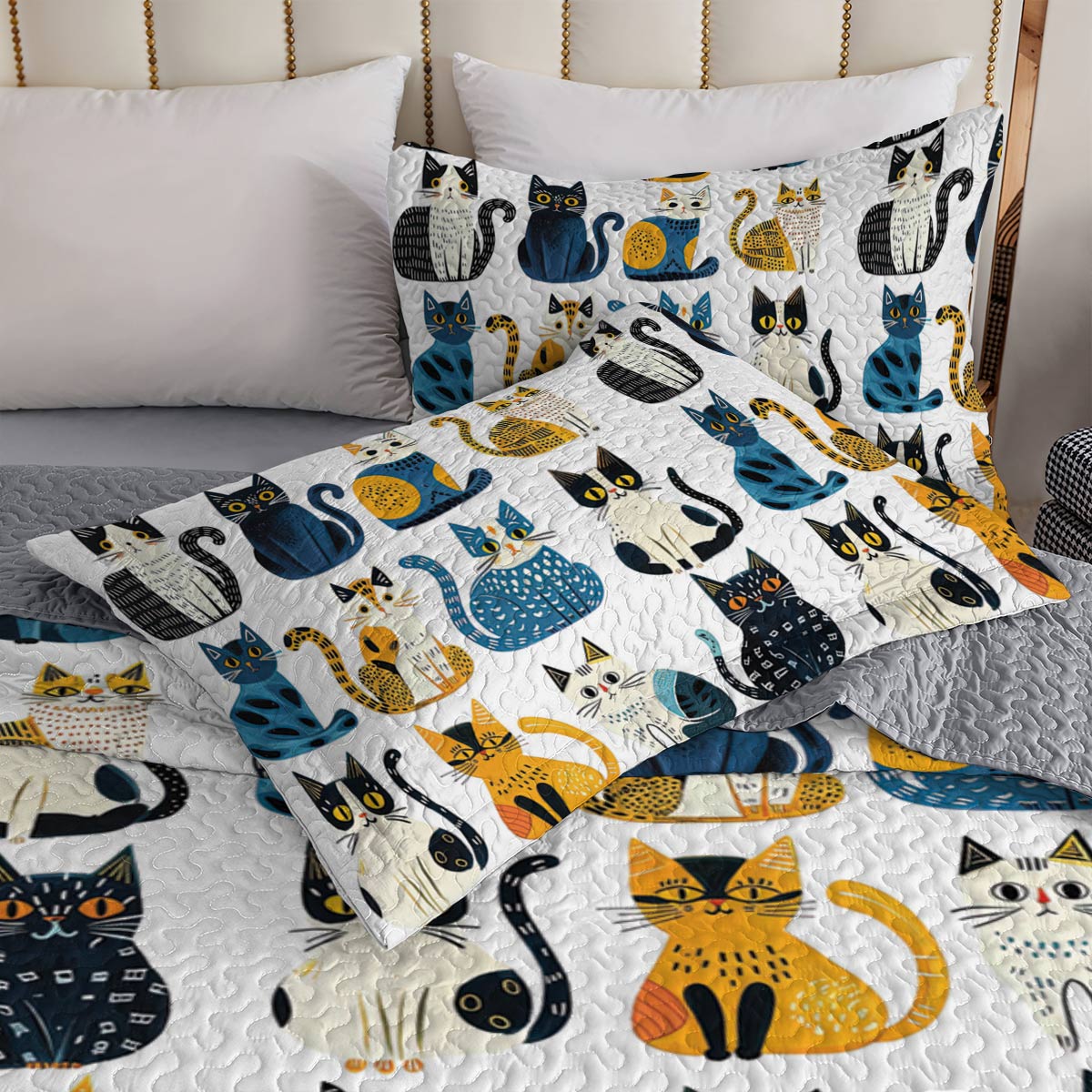 Shineful All Season Quilt 3-teiliges Set Blaues Katzenmuster