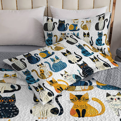 Shineful All Season Quilt 3-Piece Set Blue Pattern Cat