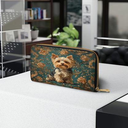 Shineful Leather Clutch Purse With Wristlet Strap Handle Regal Yorkie Elegance