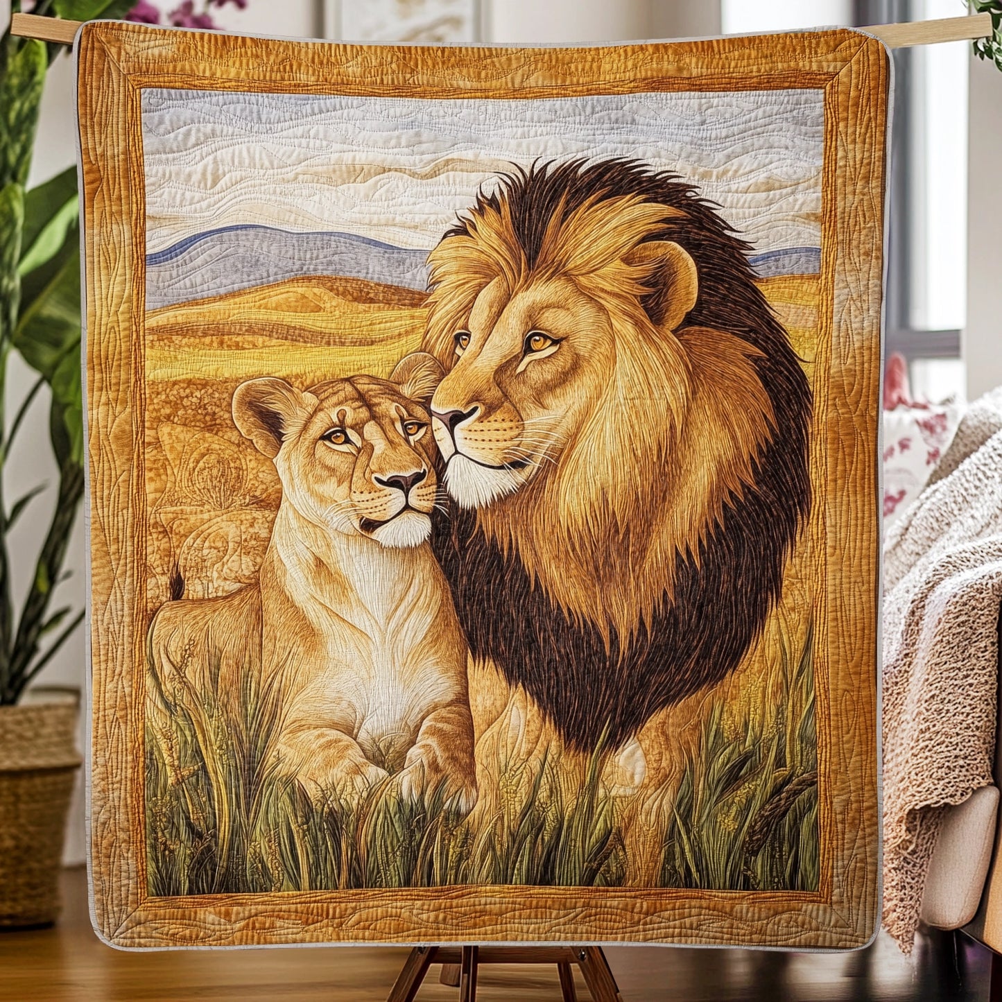 Shineful Flat Print Faux Quilt Blanket - Regal Lions in the Heart of the Golden Savannah