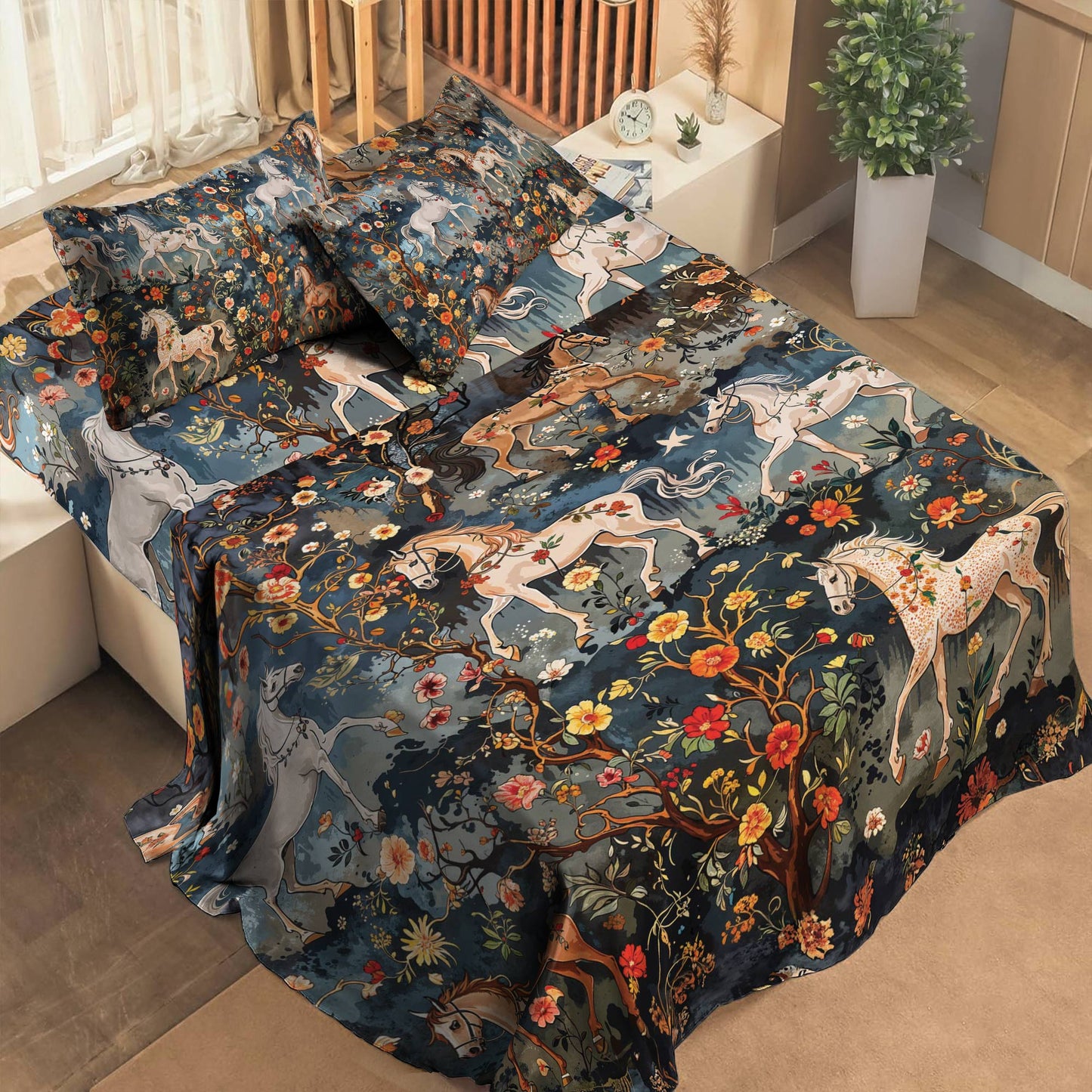 Shineful 4-Piece Bed Sheet Set Mystery Horses