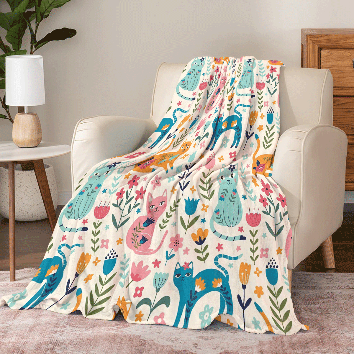 Shineful Fleece Blanket Floral Cats